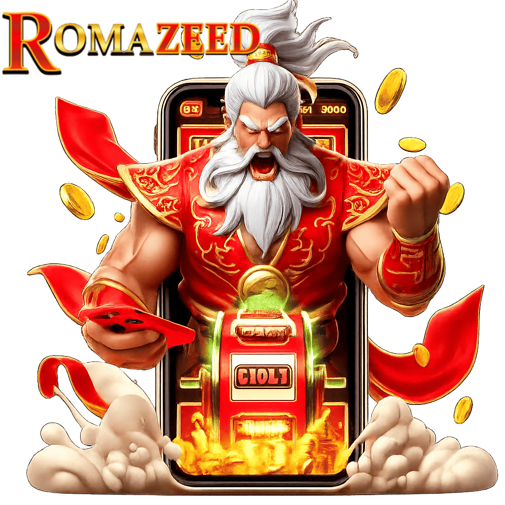 เทพนักรบจีนถือการ์ดสีแดง โผล่จากหน้าจอสล็อต romazeed พร้อมเอฟเฟกต์เหรียญทองและพลังไฟ
